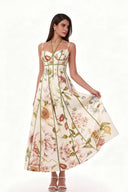 Cremefarbenes Midikleid mit Blumenmuster und Korsett-Bustier