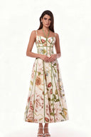 Cremefarbenes Midikleid mit Blumenmuster und Korsett-Bustier