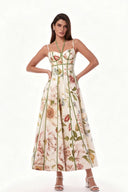 Cremefarbenes Midikleid mit Blumenmuster und Korsett-Bustier