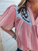 Prairie Pferd Vichy-Karo Puffärmel Bluse