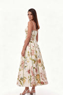 Cremefarbenes Midikleid mit Blumenmuster und Korsett-Bustier