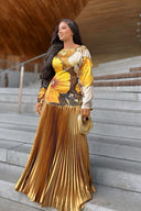Vestido maxi plisado dorado girasol