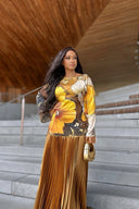 Vestido maxi plisado dorado girasol