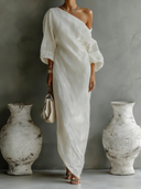 Robe longue ivoire en coton et lin, asymétrique