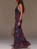 Vestido comprido retro com padrão floral, decote halter em renda e corte sereia