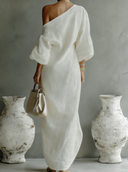 Robe longue ivoire en coton et lin, asymétrique