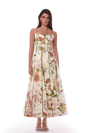 Cremefarbenes Midikleid mit Blumenmuster und Korsett-Bustier