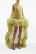 Vestido maxi transparente dourado com capa de penas em tom kiwi claro