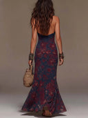 Vestido comprido retro com padrão floral, decote halter em renda e corte sereia