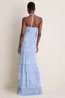 Vestido maxi azul-claro com pregas plissadas, halter e camadas