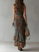 Robe longue imprimée style ethnique, asymétrique à une épaule, avec fente haute