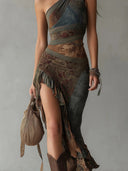Robe longue imprimée style ethnique, asymétrique à une épaule, avec fente haute