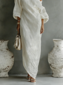 Robe longue ivoire en coton et lin, asymétrique