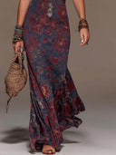 Vestido comprido retro com padrão floral, decote halter em renda e corte sereia