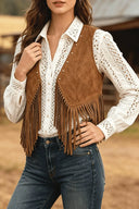 Mouwloos vest met V-hals en franjes