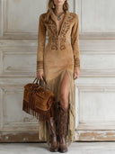 Western Halb-Reißverschluss Besticktes Kunstwildleder Fransen Maxikleid