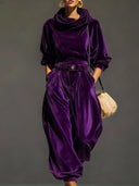 Vintage Brown Velvet Hoodie And Loose-Fitting Trousers Set（Includes Belt）