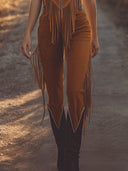 Combinaison zippée en daim marron à franges style western