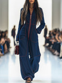 Combinaison décontractée ample rétro en denim rouge avec surpiqûres, jambes larges et manches longues