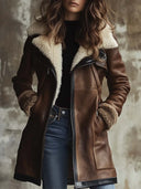 Manteau femme vintage en similicuir avec col en agneau contrasté