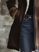 Manteau femme vintage en similicuir avec col en agneau contrasté