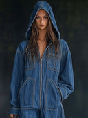 Lässiger weiter Retro-Jeans-Jumpsuit mit Kapuze, Reißverschluss, Taschen und langen Ärmeln