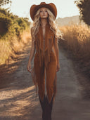 Combinaison zippée en daim marron à franges style western
