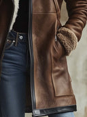 Manteau femme vintage en similicuir avec col en agneau contrasté