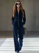 Lässiger weiter Vintage-Cord-Jumpsuit mit elastischer Taille und Reißverschluss