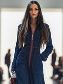 Combinaison décontractée ample rétro en denim rouge avec surpiqûres, jambes larges et manches longues