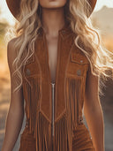 Combinaison zippée en daim marron à franges style western