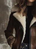 Manteau femme vintage en similicuir avec col en agneau contrasté