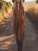 Combinaison zippée en daim marron à franges style western