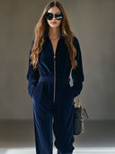 Lässiger weiter Vintage-Cord-Jumpsuit mit elastischer Taille und Reißverschluss