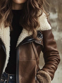 Manteau femme vintage en similicuir avec col en agneau contrasté