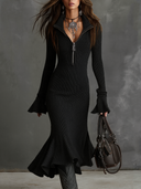 Vestido midi de punto retro con cuello de cremallera y mangas trompeta